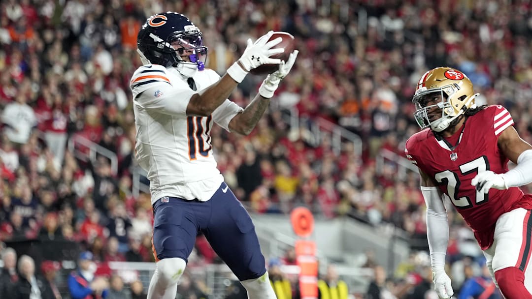 Dec 28, 2025; Santa Clara, California, USA; Chicago Bears wide receiver Luther Burden III (10) makes a catch to score a touchdown against the San Francisco 49ers in the first half at Levi's Stadium. Mandatory Credit: Kyle Terada-Imagn Images