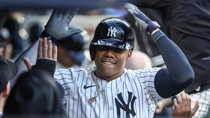 Aug 21, 2024; Bronx, New York, USA;  New York Yankees right fielder Juan Soto (22) celebrates in the dugout after hitting a two run home run in the first inning against the Cleveland Guardians at Yankee Stadium. Mandatory Credit: Wendell Cruz-USA TODAY Sports