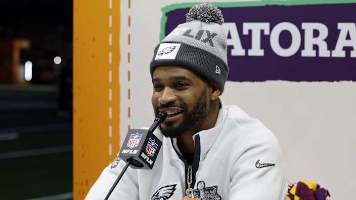 Philadelphia Eagles cornerback Darius Slay Jr. speaks to media at Super Bowl media day. Philadelphia Eagles cornerback Darius Slay Jr. speaks to media at Super Bowl media day.