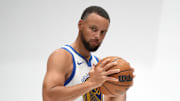Sep 29, 2025; San Francisco, CA, USA; Golden State Warriors guard Stephen Curry (30) holds onto the ball during Media Day at the Chase Center. Mandatory Credit: Cary Edmondson-Imagn Images
