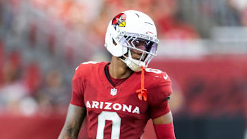 Aug 9, 2025; Glendale, Arizona, USA; Arizona Cardinals cornerback Will Johnson (0) against the Kansas City Chiefs during a preseason NFL game at State Farm Stadium. Mandatory Credit: Mark J. Rebilas-Imagn Images