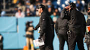 Nov 30, 2025; Nashville, Tennessee, USA;  Jacksonville Jaguars head coach Liam Coen looks on from the sidelines against the Tennessee Titans during the second half at Nissan Stadium. Mandatory Credit: Steve Roberts-Imagn Images