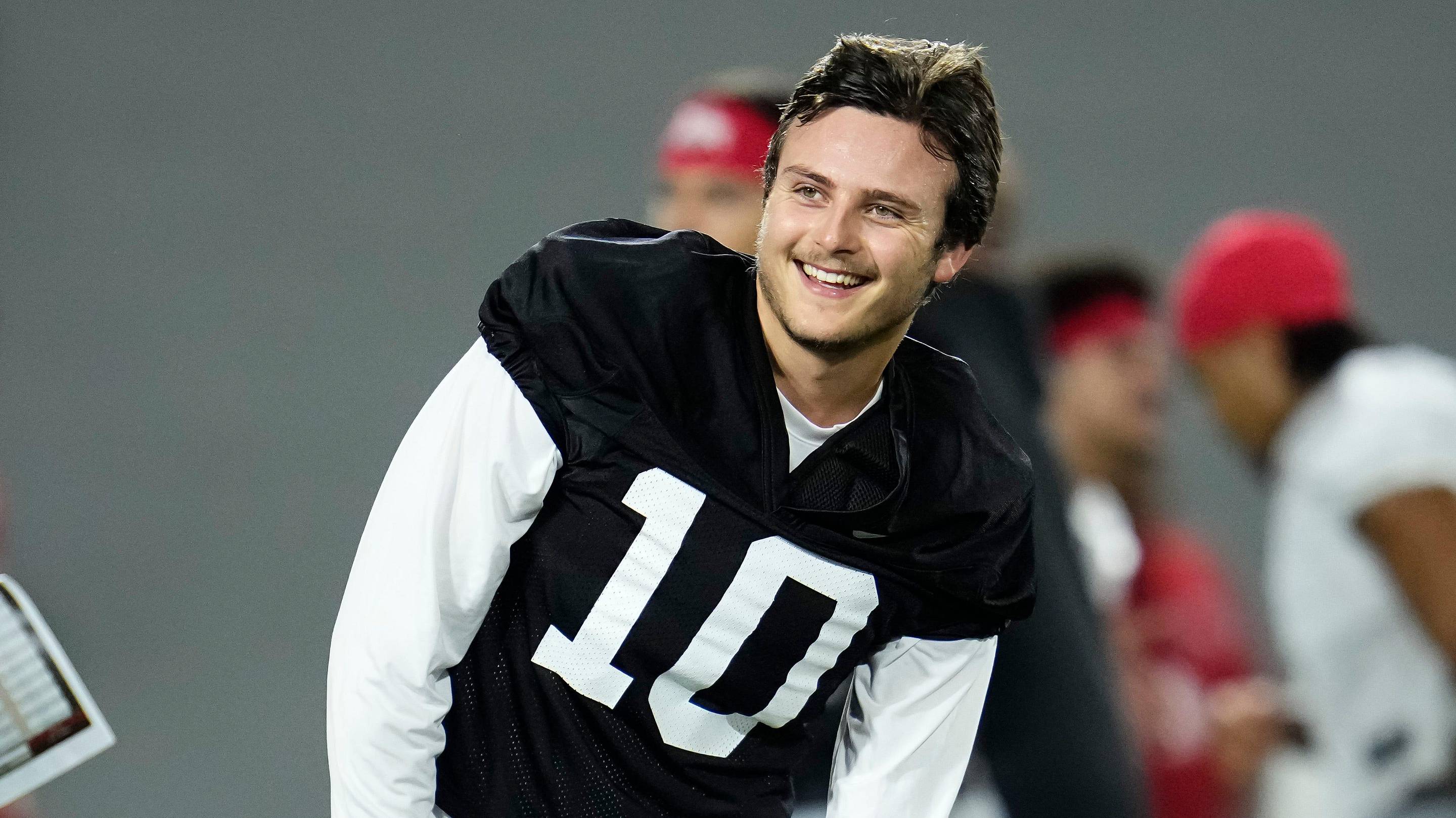 Ohio State Buckeyes quarterback Julian Sayin (10) laughs during the first day of spring workouts for the 2026 football season at Woody Hayes Athletic Complex in Columbus on March 10, 2026.