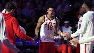 Mar 14, 2025; New York, NY, USA; St. John's basketball guard RJ Luis Jr. (12) is introduced before a semifinal game against the Marquette Golden Eagles at Madison Square Garden.