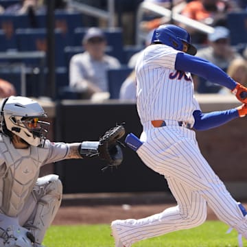 New York Mets right fielder Juan Soto (22) hits a home run against the Arizona Diamondbacks during the sixth inning at Citi Field on May 1.
