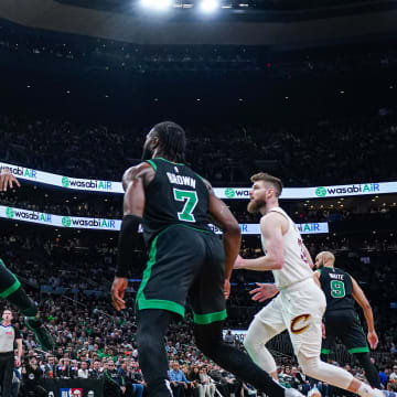 May 15, 2024; Boston, Massachusetts, USA; Boston Celtics center Al Horford (42) blocks the shot of Cleveland Cavaliers guard Darius Garland in Game 5 at TD Garden.