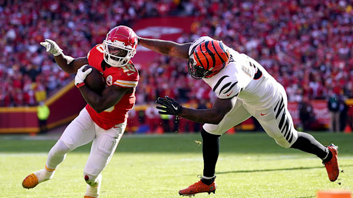 Cincinnati Bengals linebacker Germaine Pratt (57) attempts to tackle Kansas City Chiefs wide receiver Tyreek Hill (10) in the second quarter during the AFC championship NFL football game, Sunday, Jan. 30, 2022, at GEHA Field at Arrowhead Stadium in Kansas City, Mo.

Cincinnati Bengals At Kansas City Chiefs Jan 30 Afc Championship 177