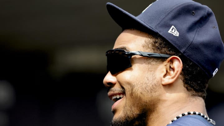 Seattle Mariners outfielder Julio Rodriguez (44) in the dugout in the fifth inning against the Detroit Tigers at Comerica Park on Aug 15.