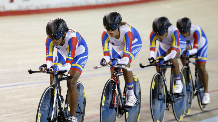 Jul 16, 2015; Milton, Ontario, CAN; Venezuela competes in the women's team pursuit qualifications during the 2015 Pan Am Games at Milton Pan Am Velodrome. Mandatory Credit: Jeff Swinger-USA TODAY Sports