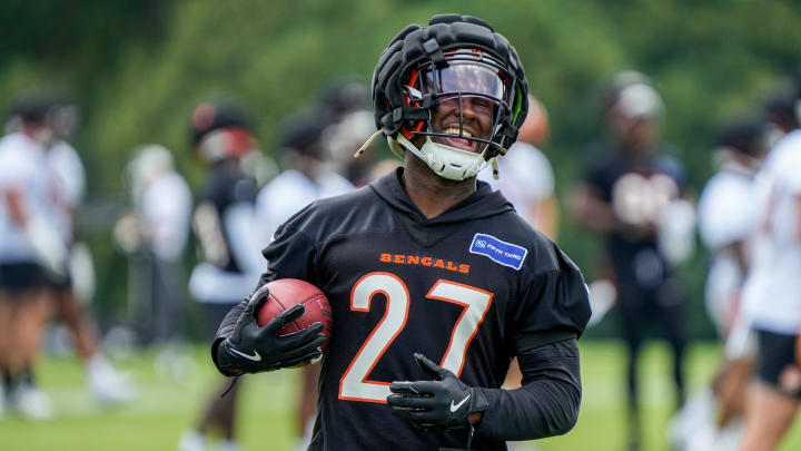 Cincinnati Bengals safety Jordan Battle (27) during the first day of training camp at the Kettering Health Practice Fields outside of Paycor Stadium on Wednesday, July 24, 2024.