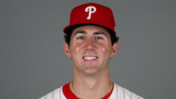 Philadelphia Phillies pitcher Andrew Painter participates in media day at BayCare Ballpark. 