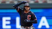 Sep 20, 2025; Minneapolis, Minnesota, USA; Cleveland Guardians catcher Bo Naylor (23) runs the bases after hitting a solo home run against the Minnesota Twins during the second inning of game one of a double header at Target Field. Mandatory Credit: Matt Krohn-Imagn Images