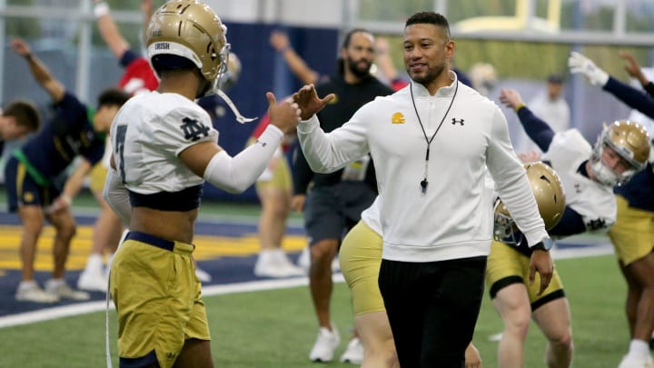 Notre Dame Head Coach Marcus Freeman at Notre Dame spring football practice Thursday, March 7, 2024, at the Irish Athletics Center in South Bend.