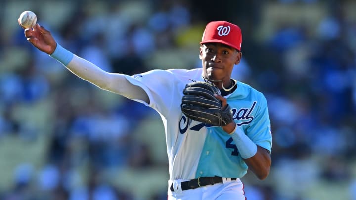 Jul 16, 2022; Los Angeles, CA, USA; National League Futures infielder Darren Baker (4) throws to first for an out in the sixth inning of the All Star-Futures Game at Dodger Stadium