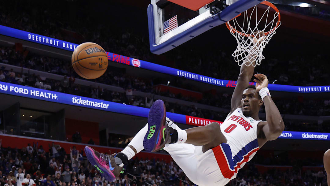 May 5, 2026; Detroit, Michigan, USA; Detroit Pistons center Jalen Duren (0) dunks in the second half against the Cleveland Cavaliers during game one of the second round of the 2026 NBA Playoffs at Little Caesars Arena. Mandatory Credit: Rick Osentoski-Imagn Images