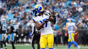 Nov 30, 2025; Charlotte, North Carolina, USA; Los Angeles Rams wide receiver Davante Adams (17) celebrates after scoring a touchdown during the first quarter against the Carolina Panthers at Bank of America Stadium. Mandatory Credit: Jim Dedmon-Imagn Images