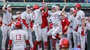 Indiana players celebrate during the Hoosiers' series at UCLA in March.