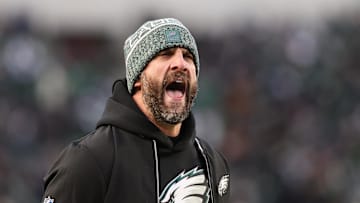 Nov 28, 2025; Philadelphia, Pennsylvania, USA; Philadelphia Eagles head coach Nick Sirianni reacts during the second quarter of the game against the Chicago Bears at Lincoln Financial Field. Mandatory Credit: Bill Streicher-Imagn Images