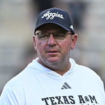 Oct 4, 2025; College Station, Texas, USA; Texas A&M Aggies head coach Mike Elko looks on prior to the game against the Mississippi State Bulldogs at Kyle Field. Mandatory Credit: Maria Lysaker-Imagn Images 