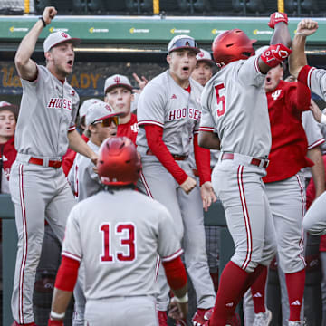 Indiana players celebrate during the Hoosiers' series at UCLA in March.
