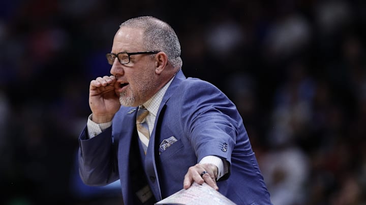 Mar 22, 2025; Denver, CO, USA; Texas A&M Aggies head coach Buzz Williams reacts during the first half in the second round of the NCAA Tournament  at Ball Arena. Mandatory Credit: Isaiah J. Downing-Imagn Images