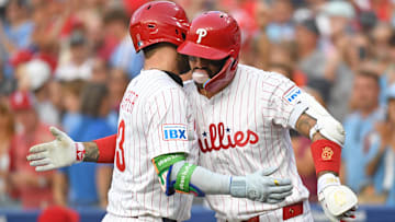 Aug 4, 2025; Philadelphia, Pennsylvania; Philadelphia Phillies first base Bryce Harper (3) celebrates his home run with outfielder Nick Castellanos (8) during the first inning against the Baltimore Orioles at Citizens Bank Park. 
