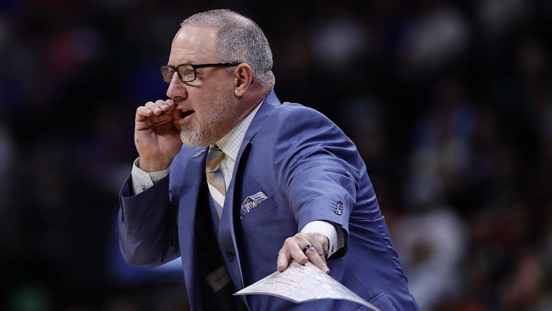 Mar 22, 2025; Denver, CO, USA; Texas A&M Aggies head coach Buzz Williams reacts during the first half in the second round of the NCAA Tournament  at Ball Arena. Mandatory Credit: Isaiah J. Downing-Imagn Images