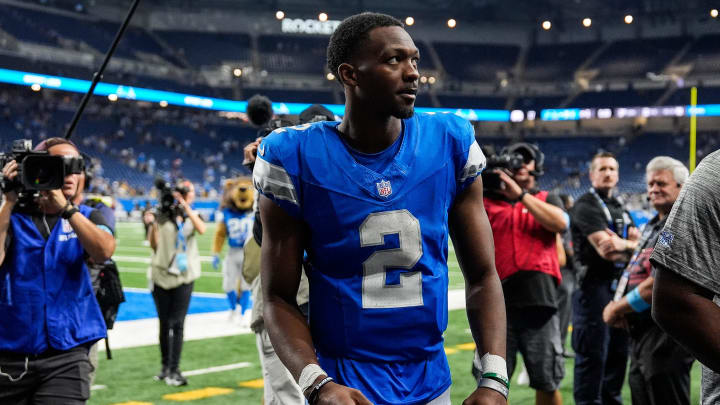 Detroit Lions quarterback Hendon Hooker (2) waves at fans as he walks off the field after 24-17 win over Pittsburgh Steelers at a preseason game at Ford Field in Detroit on Saturday, August 24, 2024.