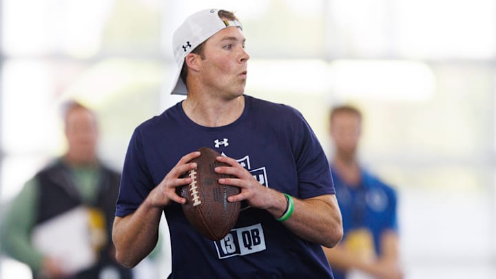 Quarterback Riley Leonard during Notre Dame football's Pro Day at Irish Athletic Center on Thursday, March 27, 2025, in South Bend. Quarterback Riley Leonard during Notre Dame football's Pro Day at Irish Athletic Center on Thursday, March 27, 2025, in South Bend.