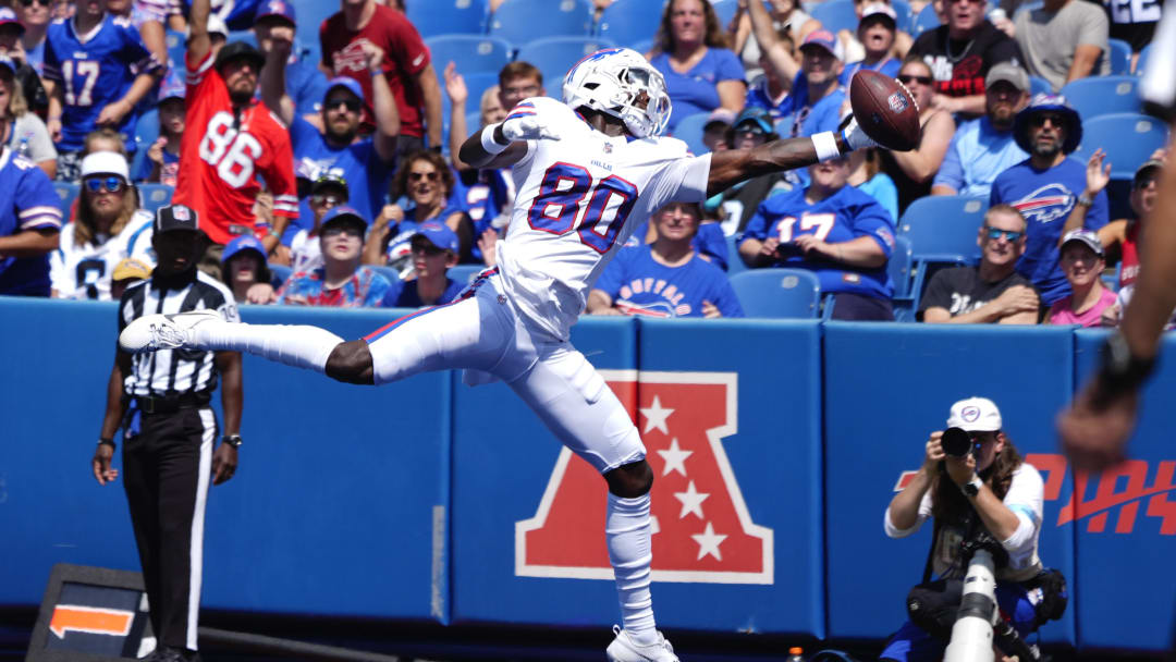 Aug 24, 2024; Orchard Park, New York, USA; Buffalo Bills wide receiver Tyrell Shavers (80) attempts to catch a pass for a touchdown against the Carolina Panthers during the first half at Highmark Stadium.