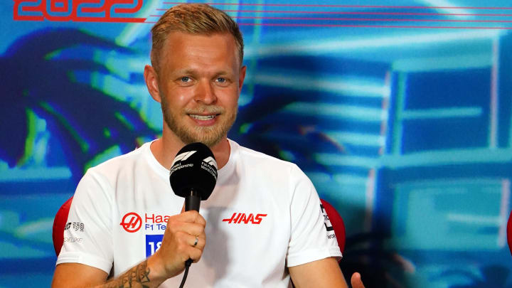 May 6, 2022; Miami Gardens, Florida, USA; Haas driver Kevin Magnussen of Denmark talks with the media during a press conference before their practice session for the Miami Grand Prix at Miami International Autodrome. Mandatory Credit: John David Mercer-USA TODAY Sports