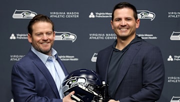 Mike Macdonald and John Schneider of the Seattle Seahawks