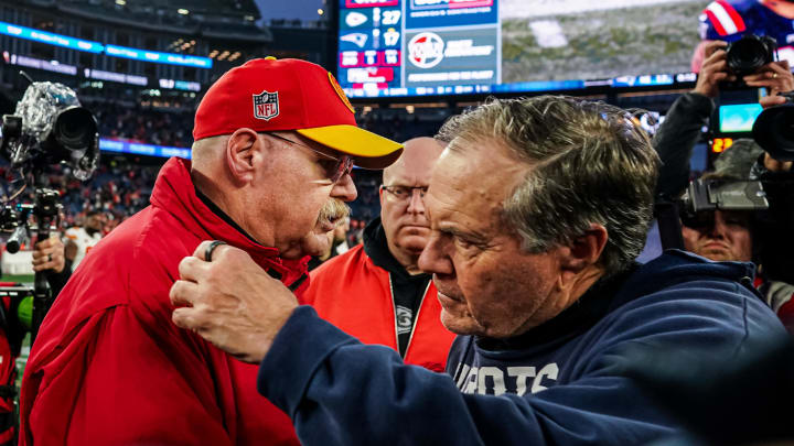 Dec 17, 2023; Foxborough, Massachusetts, USA; New England Patriots head coach Bill Belichick and Kansas City Chiefs head coach Andy Reid meet on the field after the game at Gillette Stadium. Mandatory Credit: David Butler II-USA TODAY Sports