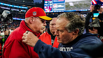 Dec 17, 2023; Foxborough, Massachusetts, USA; New England Patriots head coach Bill Belichick and Kansas City Chiefs head coach Andy Reid meet on the field after the game at Gillette Stadium.