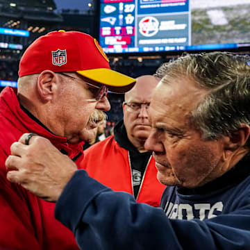 Dec 17, 2023; Foxborough, Massachusetts, USA; New England Patriots head coach Bill Belichick and Kansas City Chiefs head coach Andy Reid meet on the field after the game at Gillette Stadium. Mandatory Credit: David Butler II-Imagn Images