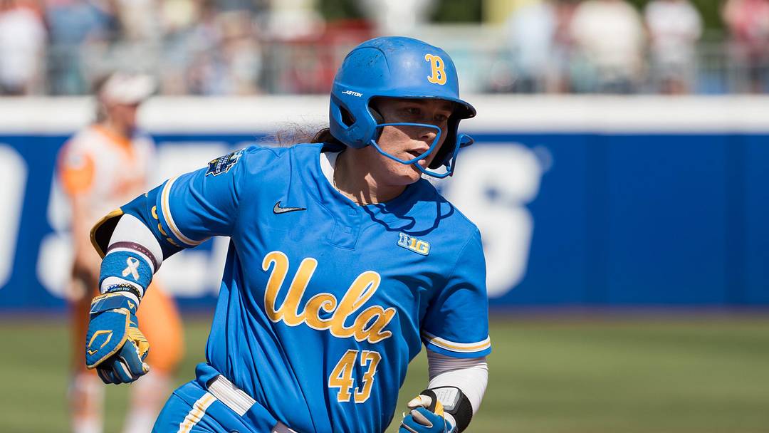 Jun 1, 2025; Oklahoma City, OK, USA;  UCLA Bruins utility Megan Grant (43) rounds the bases after hitting a two run home run tying the game in the seventh inning against the Tennessee Lady Volunteers during the NCAA Softball Women's College World Series at Devon Park. Mandatory Credit: Brett Rojo-Imagn Images