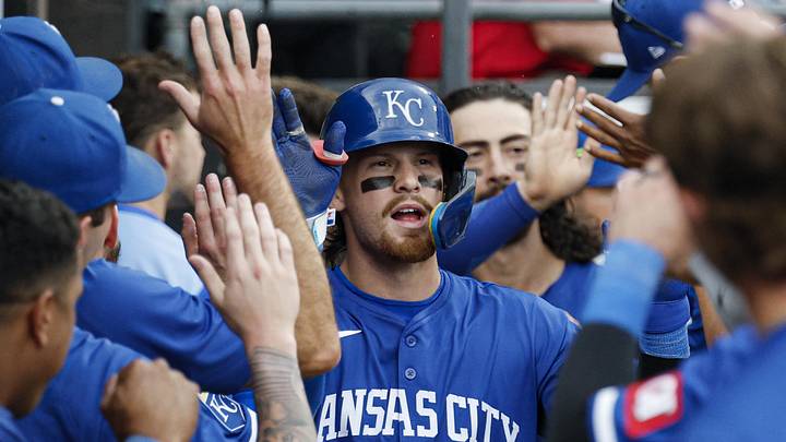 Jun 8, 2025; Chicago, Illinois, USA; Kansas City Royals designated hitter Bobby Witt Jr. (7) celebrates with teammates in the dugout after hitting a two-run home run against the Chicago White Sox during the ninth inning at Rate Field. Mandatory Credit: Kamil Krzaczynski-Imagn Images