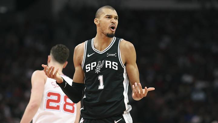 Jan 28, 2026; Houston, Texas, USA; San Antonio Spurs forward Victor Wembanyama (1) reacts after being called for a foul during the second quarter against the Houston Rockets at Toyota Center. Mandatory Credit: Troy Taormina-Imagn Images