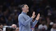 Oct 30, 2025; Oklahoma City, Oklahoma, USA; Oklahoma City Thunder head coach Mark Daigneault gestures to his team during a play against the Washington Wizards during the second half at Paycom Center. Mandatory Credit: Alonzo Adams-Imagn Images