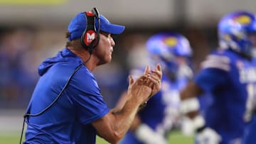 Kansas Jayhawks head coach Lance Leipold reacts to a play during the game between Fresno State and Kansas at David Booth Kansas Memorial Stadium on Aug. 23, 2025.