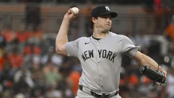 Jul 12, 2024; Baltimore, Maryland, USA;  New York Yankees pitcher Gerrit Cole (45) throws a second inning pitch against the Baltimore Orioles at Oriole Park at Camden Yards. Mandatory Credit: Tommy Gilligan-USA TODAY Sports