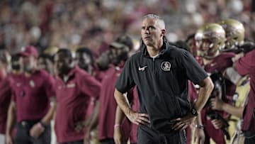 Oct 5, 2024; Tallahassee, Florida, USA; Florida State Seminoles head coach Mike Norvell during the second half against the Clemson Tigers at Doak S. Campbell Stadium. Mandatory Credit: Melina Myers-Imagn Images
