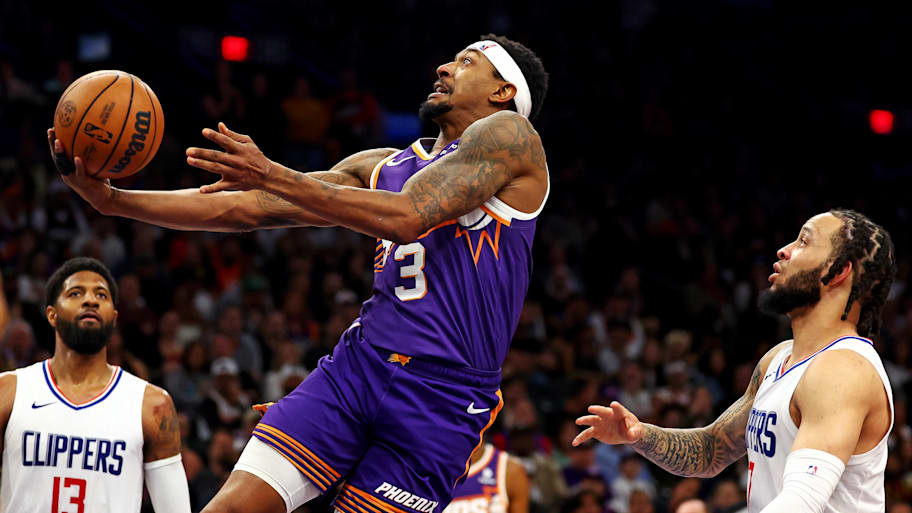 Bradley Beal drives for a layup in 2024 against his apparent future team, the Clippers. | Mark J. Rebilas-Imagn Images