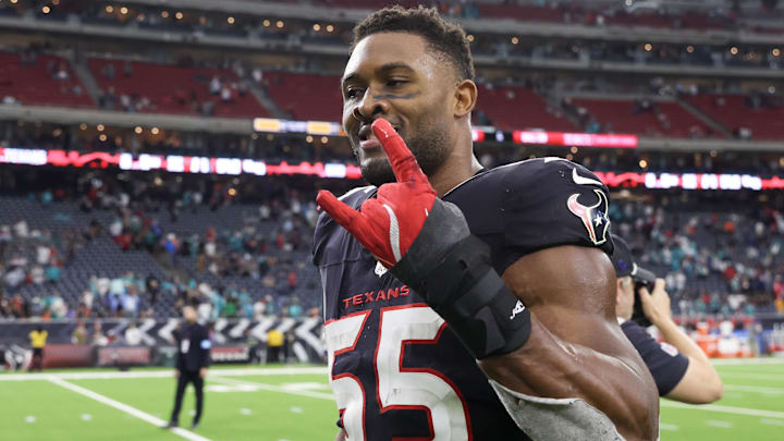 Dec 15, 2024; Houston, Texas, USA; Houston Texans defensive end Danielle Hunter (55) reacts after a game against the Miami Dolphins at NRG Stadium. Mandatory Credit: Thomas Shea-Imagn Images Dec 15, 2024; Houston, Texas, USA; Houston Texans defensive end Danielle Hunter (55) reacts after a game against the Miami Dolphins at NRG Stadium. Mandatory Credit: Thomas Shea-Imagn Images