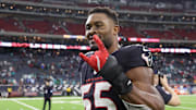 Dec 15, 2024; Houston, Texas, USA;  Houston Texans defensive end Danielle Hunter (55) reacts after a game against the Miami Dolphins at NRG Stadium. Mandatory Credit: Thomas Shea-Imagn Images