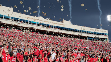 Aug 30, 2025; Lubbock, Texas, USA;  The Texas Tech Red Raiders student body throw tortillas at the kickoff of the game against the Arkansas-Pine Bluff Golden Lions at Jones AT&T Stadium. Mandatory Credit: Michael C. Johnson-Imagn Images