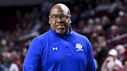 Nov 20, 2024; College Station, Texas, USA; Southern University Jaguars head coach Kevin Johnson looks on during the first half against the Texas A&M Aggies  at Reed Arena. Mandatory Credit: Maria Lysaker-Imagn Images 