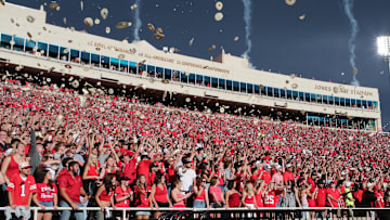 Aug 30, 2025; Lubbock, Texas, USA;  The Texas Tech Red Raiders student body throw tortillas at the kickoff of the game against the Arkansas-Pine Bluff Golden Lions at Jones AT&T Stadium. Mandatory Credit: Michael C. Johnson-Imagn Images