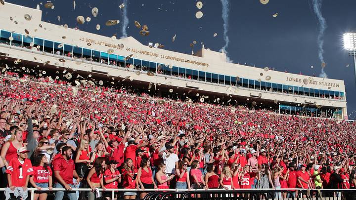 Aug 30, 2025; Lubbock, Texas, USA;  The Texas Tech Red Raiders student body throw tortillas at the kickoff of the game against the Arkansas-Pine Bluff Golden Lions at Jones AT&T Stadium. Mandatory Credit: Michael C. Johnson-Imagn Images