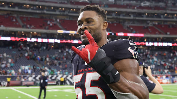 Dec 15, 2024; Houston, Texas, USA;  Houston Texans defensive end Danielle Hunter (55) reacts after a game against the Miami